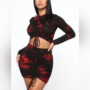Black and Red Tie-Dye Skirt Set